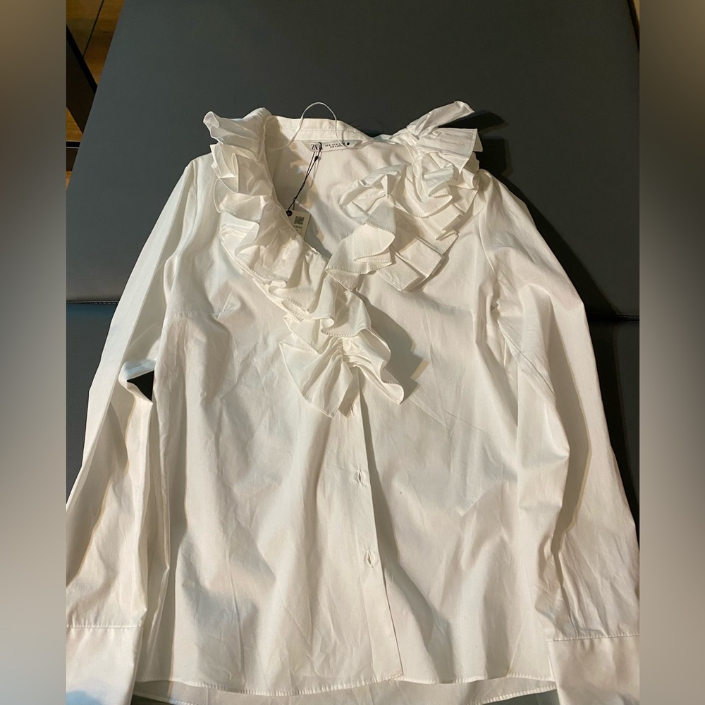 Zara Ruffle Neck Button Down Shirt - Picture 3 of 3